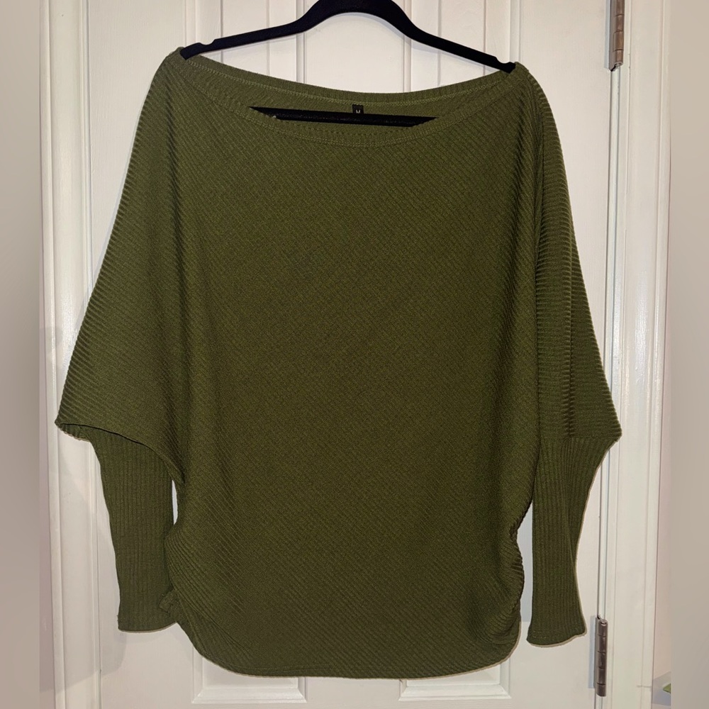 Dark Olive Green Off One Shoulder Top with long sleeves, Size Medium